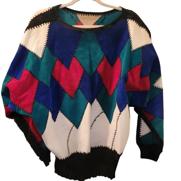 Vintage Womens 80s Leather Patchwork Heart Print Sweater Shoulder Pads Retro - Picture 1 of 9